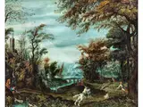 Waldlandschaft mit Jägern by Pieter Stevens d. J., oil on copper, sold Mar 2026