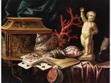 Stillleben mit Schmuckkästchen, Kartenspiel, Koralle, Schnecken und Einer Statue by Christian Luyckx, oil on canvas, sold Sep 2024