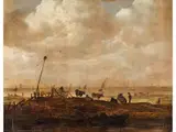 Dünenlandschaft mit Vieh vor Gewässer mit Segelschiffen by Jan Jozefsz. van Goyen, oil on panel, sold Jun 2024