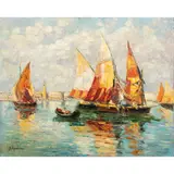 Fishing Boats by Georgi Alexandrovich Lapchine, oil on canvas, sold Mar 2024