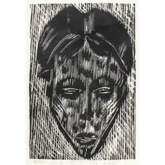 Untitled (Face) by Adja van den Berg, 2000, woodcut engraving, sold Mar 2024