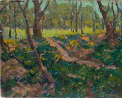 Green Forest by Robert Dinning, oil on board, sold Mar 2024