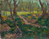 Green Forest by Robert Dinning, oil on board, sold Mar 2024