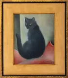 Chat au Coussin Rouge" [Cat with Red Cushion] by Jean Sam Fontanaz, Oil on Canvas, sold Jul 2025