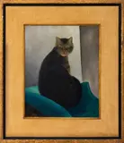Chat au Coussin Vert" [Cat with Green Cushion] by Jean Sam Fontanaz, Oil on Canvas, sold Jul 2025