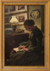 Lady Writing Her Diary by Thomas Huson, 1883, Oil on Panel, sold Jul 2025