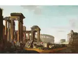 Grosses Römisches Ruinencapriccio by Giovanni Paolo Panini, oil on canvas, sold Sep 2024