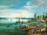 Weite Hafenlandschaft mit Bockwindmühle und Figuren by Peeter Gysels, oil on panel, sold Jun 2023