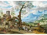 Landschaft mit Weinbergen und Figuren by Izaack van Oosten, oil on copper, offered Jun 2023