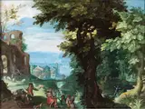 Latona Verwandelt die Lykischen Bauern in Frösche by Anton Mirou, oil on copper, offered Jun 2023