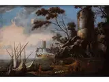 Landschaft mit Antikem Turm und Hafen mit Booten by Bartolommeo Torregiani, oil on canvas, offered Apr 2016