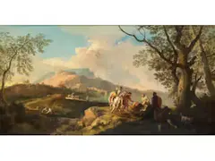 Fantasielandschaft mit Szene aus Orlando Furioso by Andrea Locatelli, oil on canvas, sold Mar 2024