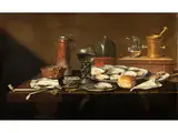 Grosses Stilleben mit Austern, Weinglas, Pfeifen und Weiteren Utensilien by Monogrammist des 17. Jahrhunderts, oil, offered Dec 2020