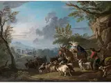 Südliche Ideallandschaft mit Ziehenden Hirten by Francesco Casanova, 1727 London – 1802 Vorderbrühl & Wien, oil on canvas, offered Sep 2021