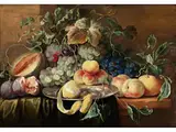 Früchtestillleben mit Trauben, Feigen, Melone, Pfirsichen und Zitrone auf Einer Zinnschale by Alexander Coosemans, oil on panel, offered Mar 2024