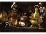 Küchenstillleben mit Messing- und Kupfergefässen Sowie Zwei Dienern by Giovanni Battista Recco, oil on canvas, offered Dec 2021