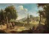 Arkadische Landschaft mit Obelisken by Giovanni Battista Cimaroli, oil on canvas, sold Sep 2022