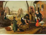 Winterliche Stadtlandschaft mit Schlachter by Abel Grimmer, um 1570 Antwerpen – um 1619, oil on panel, sold Mar 2023