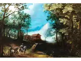 Waldlandschaft mit Reisenden by Adriaen van Stalbemt, oil on copper, sold Mar 2026