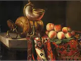 Stillleben mit Nautiluspokal und Pfirsichen by Pieter Boel, oil on canvas, sold Mar 2023