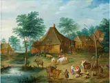 Ländliche Szene mit Wäscherinnen by Jan Brueghel d.J., oil on panel, offered Sep 2023