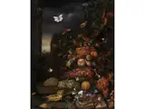 Grosses Stillleben mit Früchten, Schmetterlingen und Buchfink by Jacob Rotius, oil on canvas, sold Mar 2025
