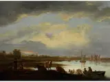 Blick auf das Ufer der Maas mit Drei Kühen im Vordergrund und Figurenstaffage by Aelbert Cuyp, oil, offered Dec 2015