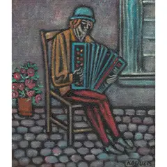 Musician by Vytautas Kasiulis, oil on masonite, sold Mar 2024