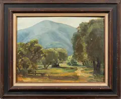 Mountain Valley by Marion Schatz, oil on board, sold Mar 2024
