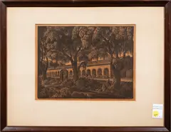 Mission San Jose by Friedolin Edward Kessler, 1940, linocut, sold Mar 2024