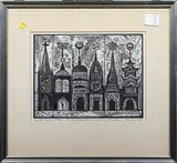In My Father's House There Are Many Mansions by Irving Amen, 1961, woodcut, sold Mar 2024
