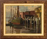 Wharf Scene by Harold C. Wolcott, Oil on Canvas, sold Jul 2025