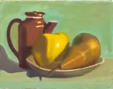 Still Life Scene of Fruit and Coffee Pot by John Edward Carew, 1986, Oil on Canvas, sold Jul 2025