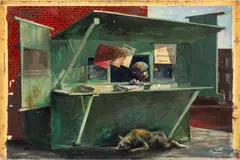 Newstand by Ted Jaslow, Oil on Board, sold Jul 2025