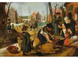 Dorfszene mit Schlachtung Eines Schweins by Sebastian Vrancx, oil on panel, offered Dec 2024
