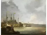 Küstenlandschaft mit Mole, Segelschiffen und Staffage by Simon de Vlieger, oil on panel, offered Dec 2024