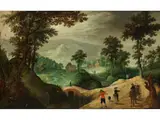 Weite Bergige Landschaft mit Reisenden auf Einem weg by Peeter Gysels, oil on panel, offered Jun 2021
