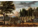 Schlosspark mit Brunnenanlage und Eleganter Gesellschaft by Abraham Jansz Storck, oil on canvas, offered Sep 2024