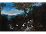 Grosse Weite Landschaft mit Eingefügten Mythologischen Darstellungen by Nunzio Ferrajoli, oil on canvas, sold Mar 2024
