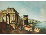Landschaft mit Antiken Ruinen und Denkmälern an Einem see by Francesco Albotto, oil on canvas, offered Jun 2024
