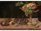 Stillleben mit Fruchtschale, Zuckergebäck, Gläsern und Einem Eichhörnchen by Sebastian Stoskopff, oil on panel, offered Jul 2018