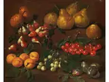 Früchtestillleben mit Birnen, Aprikosen und Kirschen by Bartolomeo Bimbi, oil on canvas, offered Sep 2019