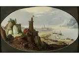Weite Flusslandschaft mit Burg auf Felsen by Joos de Momper d. J., oil on panel, offered Mar 2021