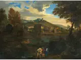 Bergige Landschaft am Fluss mit Stadtansicht by Étienne Allegrain, oil on canvas, offered Sep 2019