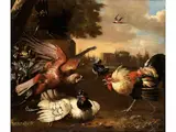 Parkstück mit Vogelstaffage by Melchior de Hondecoeter, oil on canvas, sold Sep 2019