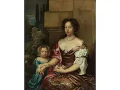 Dame mit Mädchen vor Architekturstaffage by Caspar Netscher, oil on canvas, offered Sep 2019
