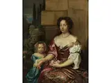 Dame mit Mädchen vor Architekturstaffage by Caspar Netscher, oil on canvas, offered Sep 2019