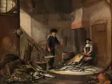Alter Fischer und Magd in Einem Fischhandels-interieur by Pieter de Putter, oil on canvas, sold Dec 2018