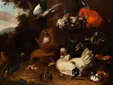 Szene im Hühnerstall mit Geflügel by Melchior de Hondecoeter, oil on canvas, sold Sep 2016
