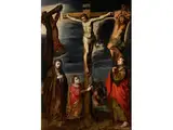 Gekreuzigter Christus und die Beiden Schächer, Madonna, Magdalena und Evangelist Johannes by Marten de Vos, oil, sold Sep 2016